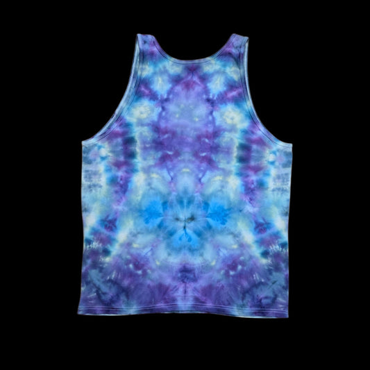 Back of the tank top showing a symmetrical ice-dyed pattern in purple, blue, and teal with yellow accents.