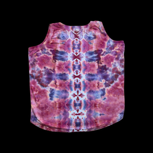 Back of the tank top with a mirrored pink, purple, and blue spine pattern running vertically down the center.