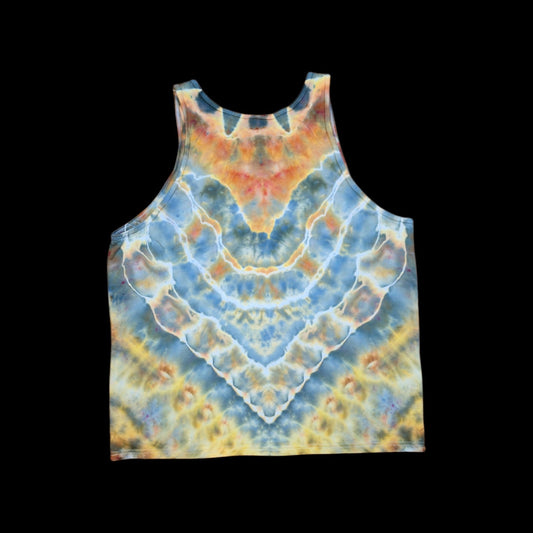 Back of a tie-dyed tank top with a bold V pattern in blue, amber, and yellow with white outlines.