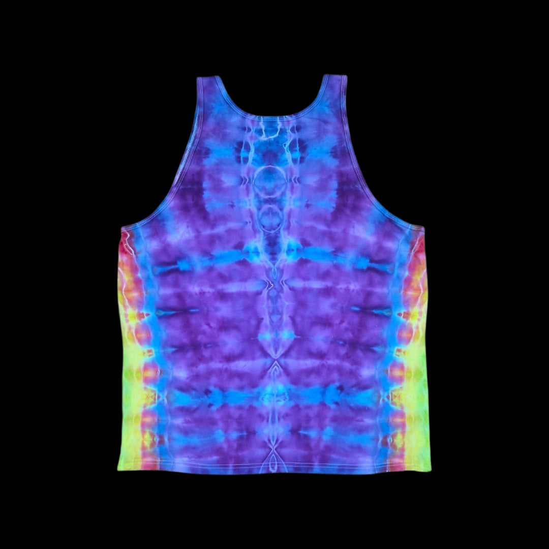 L tie-dye tank top, purple and blue with rainbow sides
