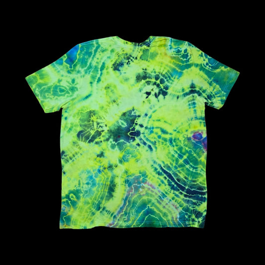 Back of the same tee showing crackling geode rings in chartreuse, forest green, and blue veins on a black background.
