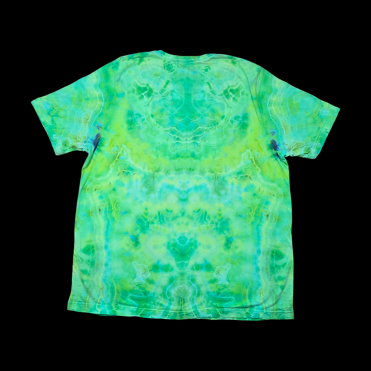 Back of the t-shirt with an all-over green, teal, and yellow ice dye pattern.