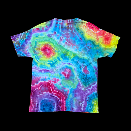 Back of the same tie-dye t-shirt showing multiple geode rings in magenta, teal, lime, and violet on a black background.