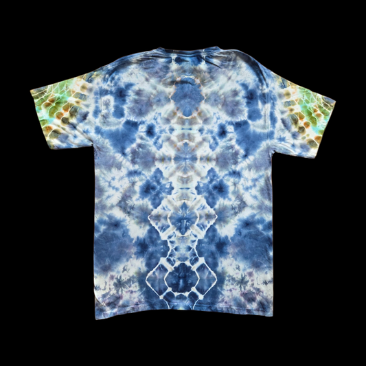 Back of the tie-dye t-shirt showing a vertical spine pattern in blue, gray, and white with olive and orange accents on the sleeves.