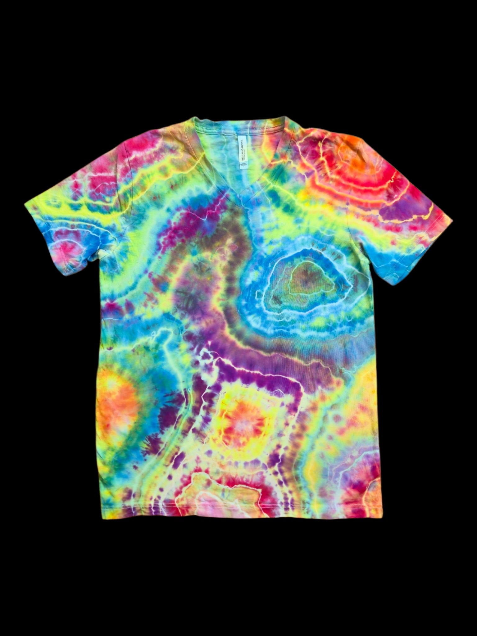 Rainbow Geode Swirl Tie Dye V-Neck T-Shirt — Unisex Large