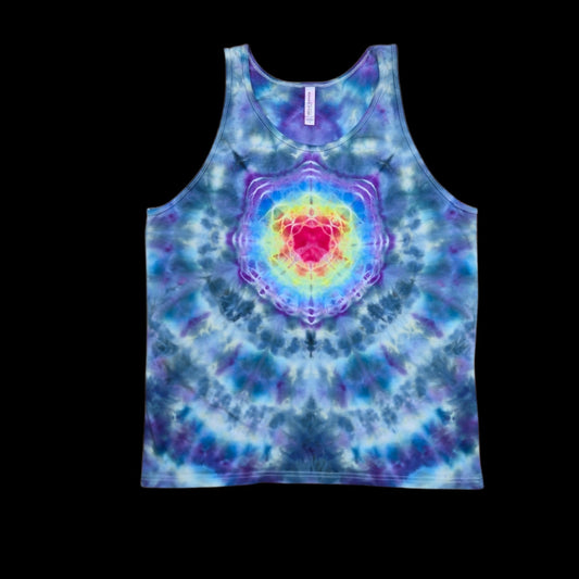 Front of a tie-dyed tank top with a bright pink and yellow mandala center surrounded by blue and purple rings.
