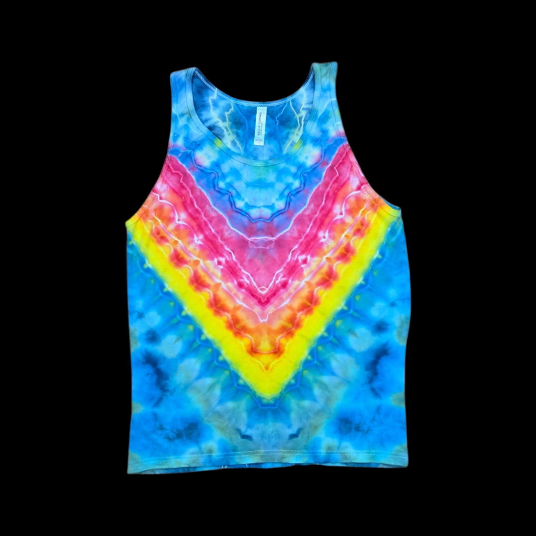 Front of a tie-dye tank top with a rainbow chevron V in pink, red, orange, and yellow over a blue base.