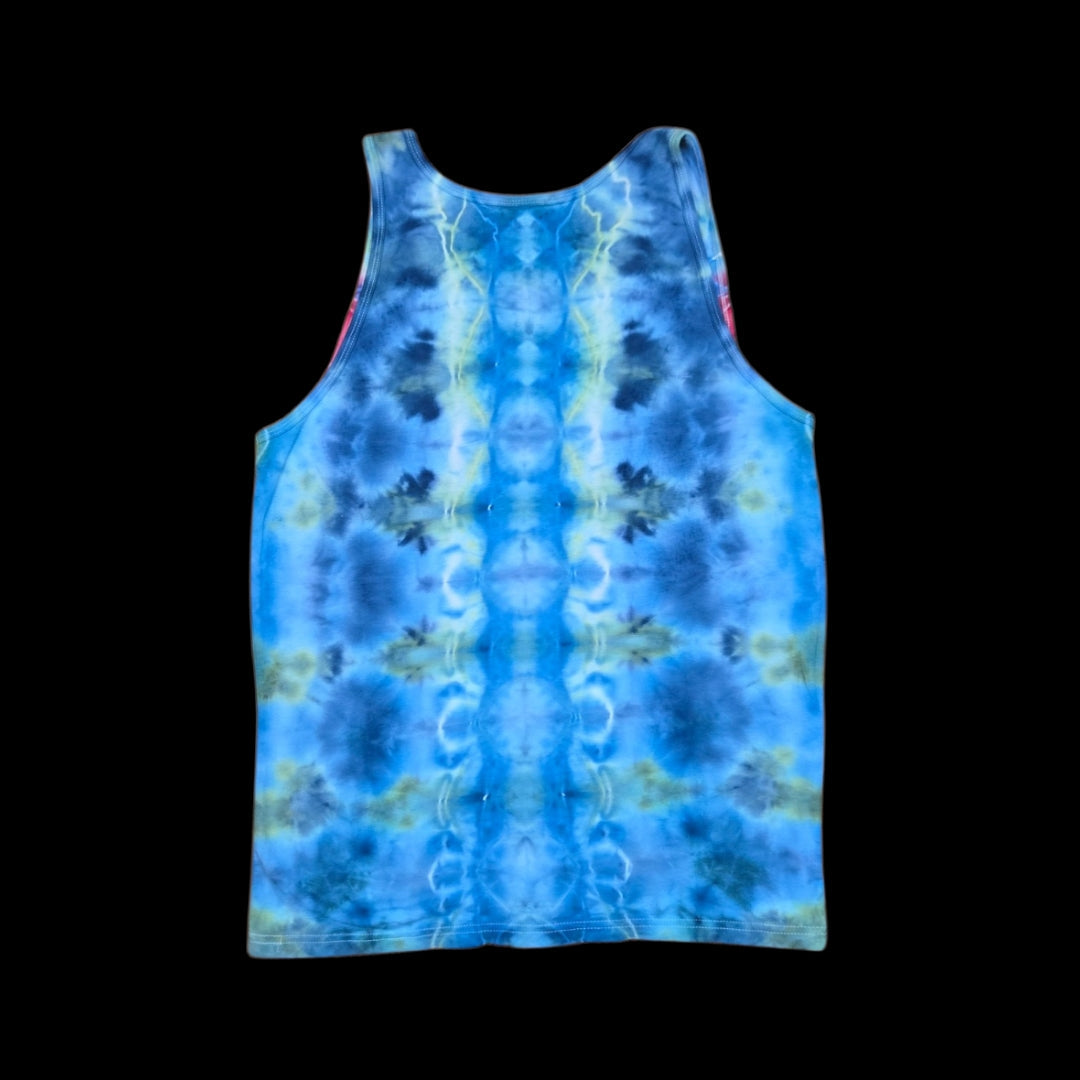 Back of the tank top showing a blue ice-dye spine pattern with navy blooms and yellow-green accents.