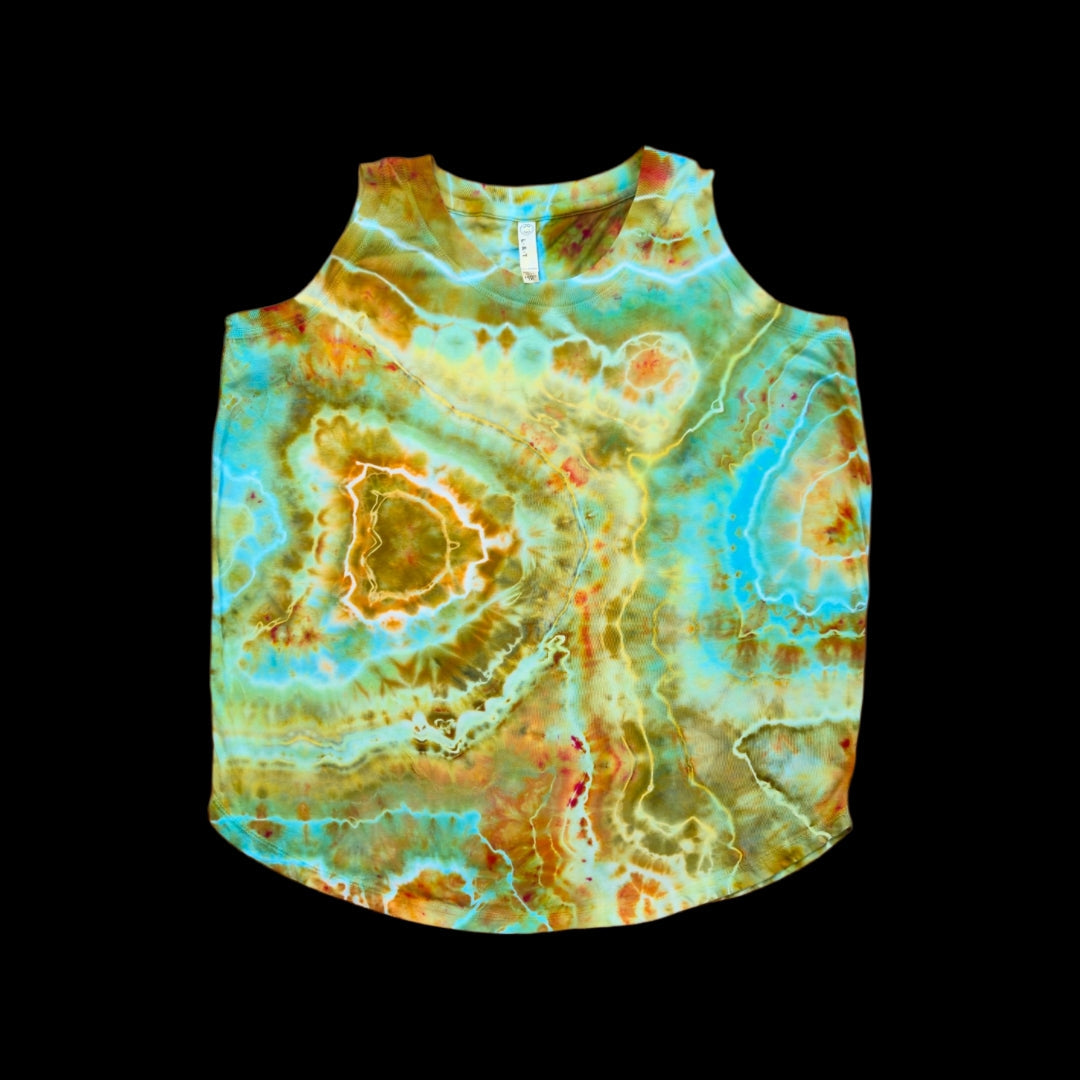 Front of a tie-dyed women's tank top with a geode ice-dye pattern in turquoise, green, orange, and rust with white cracked veins.
