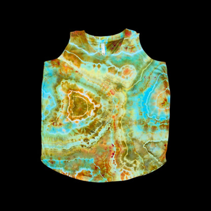 Front of a tie-dyed women's tank top with a geode ice-dye pattern in turquoise, green, orange, and rust with white cracked veins.