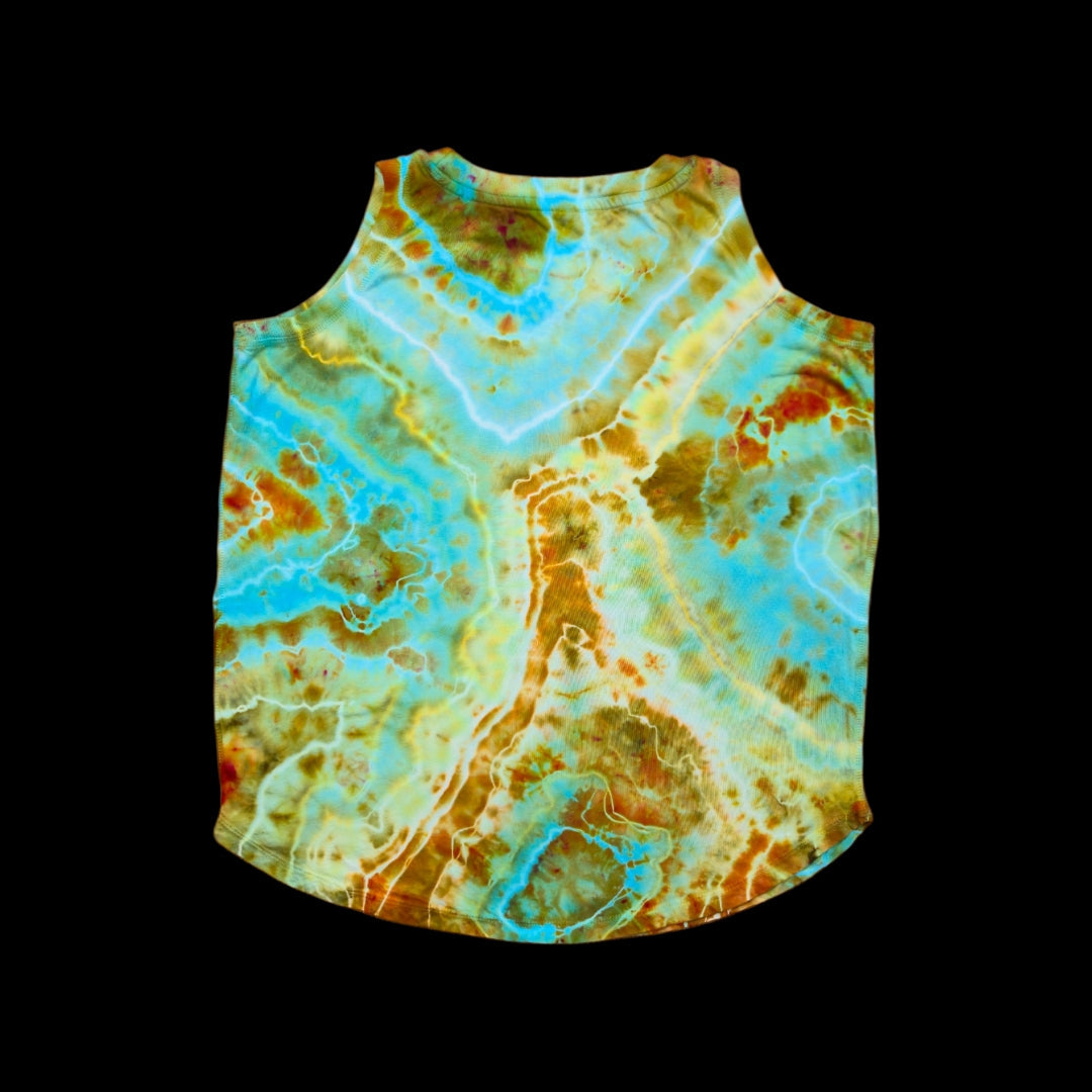 Back of the same tank top showing turquoise pockets, amber and rust bursts, and bright white veins through green.