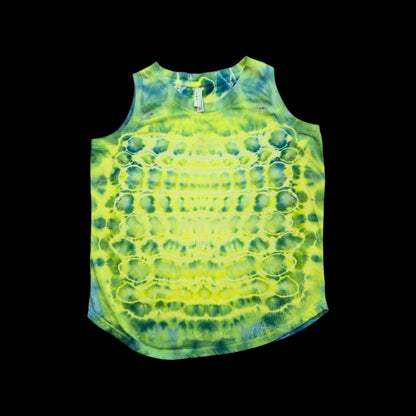 Front of a green, teal, and neon yellow tie-dyed tank top with a concentric cosmic egg pattern.