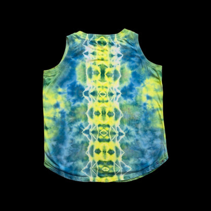 Back of the tank top showing a vertical spine pattern with bright yellow lines over blue and green.