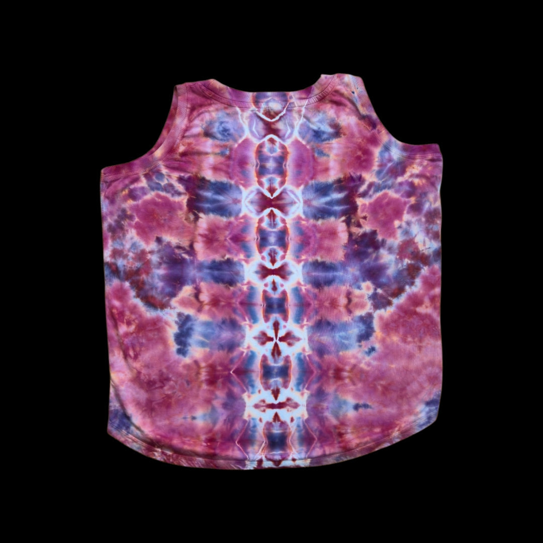 Back of the tank top with a mirrored pink, purple, and blue spine pattern running vertically down the center.
