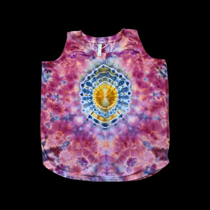 Front of a purple and pink tie-dyed women's tank top with a golden-yellow mandala centered on the chest.