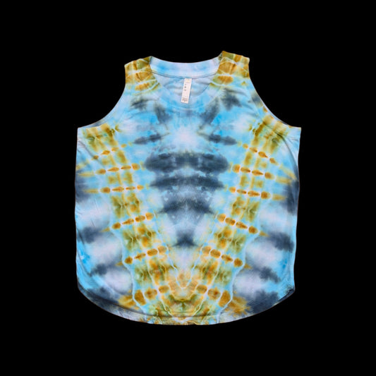 Front of a tie-dyed women's tank with a mirrored golden-amber geode V over sky blue, gray, and white.