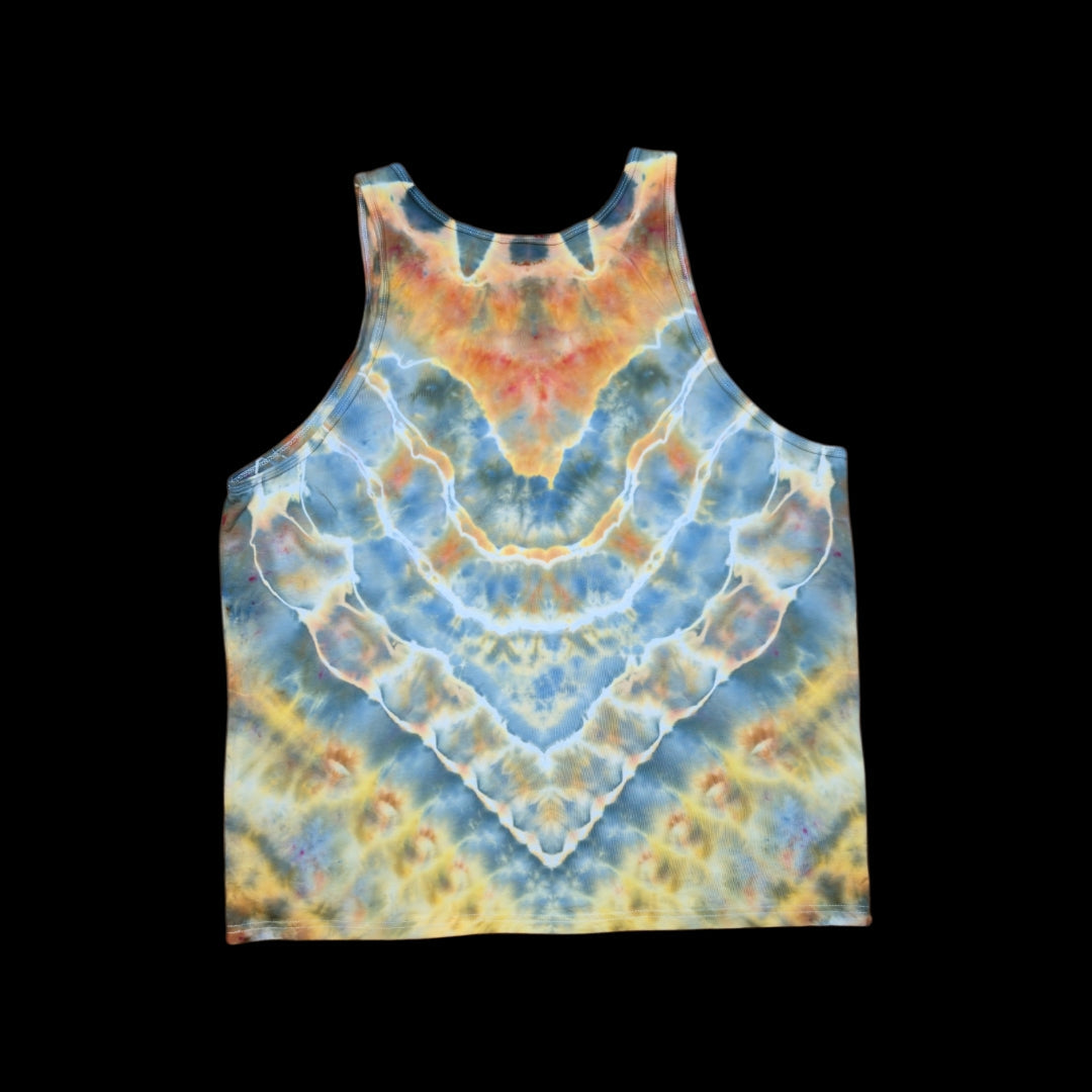 Back of a tie-dyed tank top with a bold V pattern in blue, amber, and yellow with white outlines.