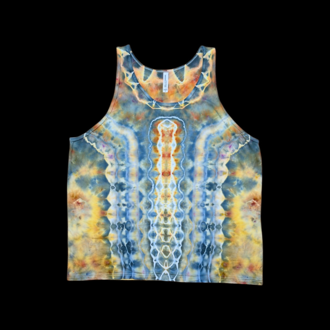 Front of a tie-dyed tank top with an abstract vertical spine design in blue, orange, gold, and white.