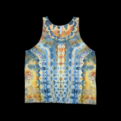 Front of a tie-dyed tank top with an abstract vertical spine design in blue, orange, gold, and white.