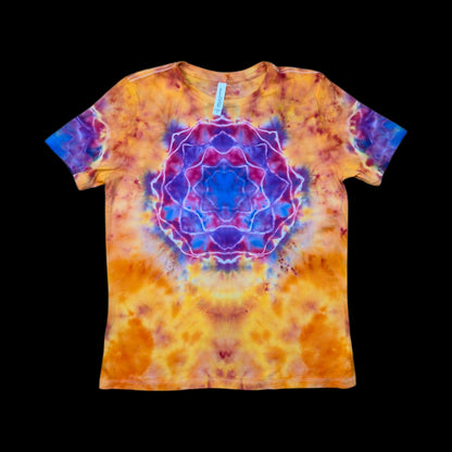 Front of an orange and gold tie-dye tee with a purple, blue, and pink mandala centered on the chest.