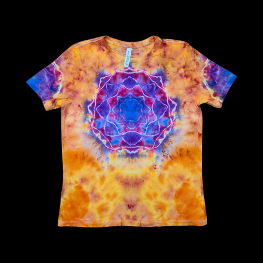 Front of an orange and gold tie-dye tee with a purple, blue, and pink mandala centered on the chest.