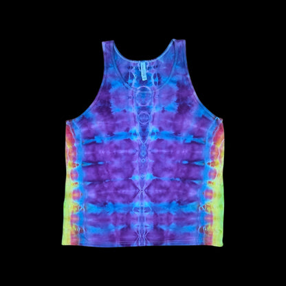 L tie-dye tank top, purple and blue with rainbow sides