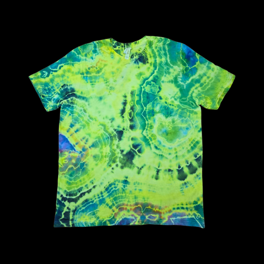 Front of a green and teal geode ice-dyed t-shirt with lime, emerald, and navy swirls on a black background.