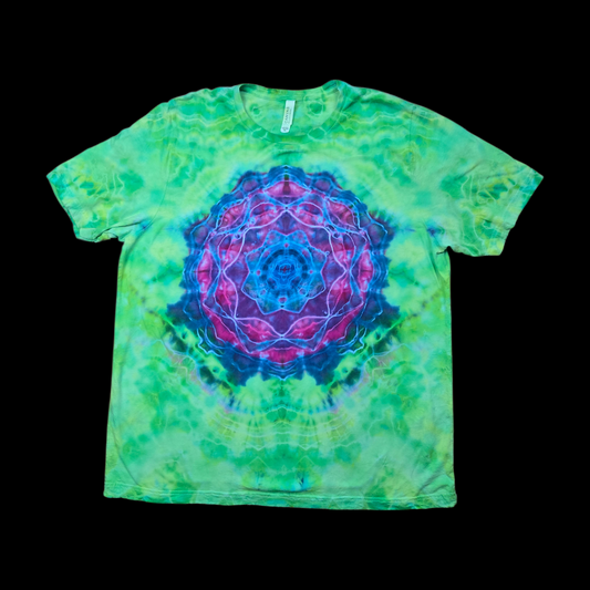 Front of a green tie-dyed t-shirt with a central mandala in magenta, blue, and purple.