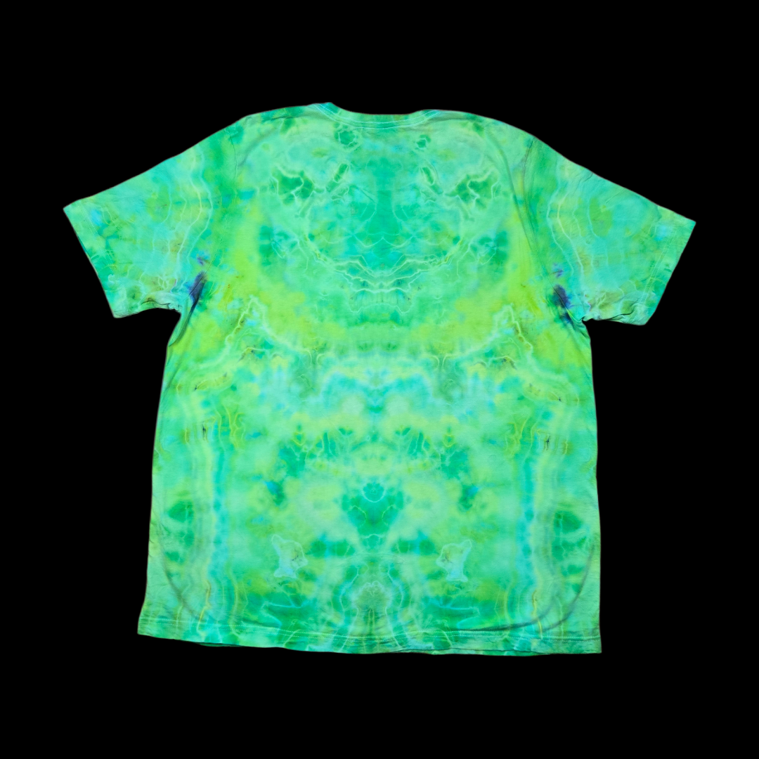 Back of the t-shirt with an all-over green, teal, and yellow ice dye pattern.