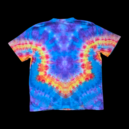 Back of the tee showing a heart-shaped V of orange, yellow, and pink flames over blue and purple.