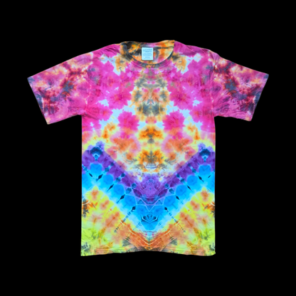Front of a rainbow V-fold tie dye tee with pink, orange, purple, blue and yellow diamond bands.