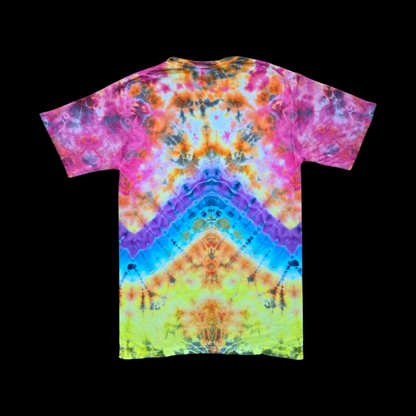 Back of the tee showing a symmetrical chevron pattern in pink, orange, purple, blue and yellow-green.