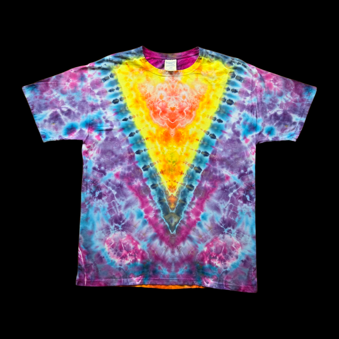 Front of a tie-dyed t-shirt with a mirrored nested V pattern pointing down the chest, yellow and orange at the center surrounded by teal, magenta, and purple with white crackle lines.