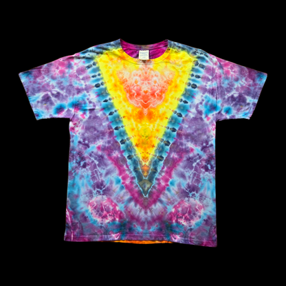Front of a tie-dyed t-shirt with a mirrored nested V pattern pointing down the chest, yellow and orange at the center surrounded by teal, magenta, and purple with white crackle lines.