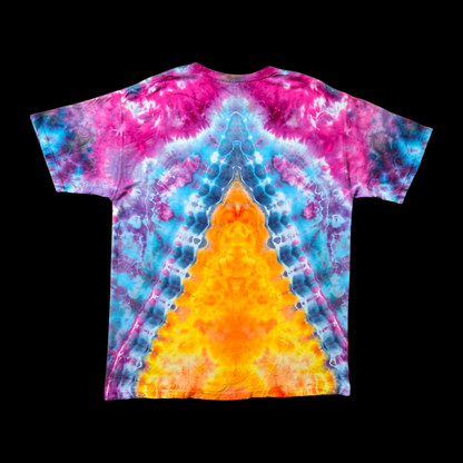 Back of the same t-shirt showing a mirrored triangle pattern with orange and yellow at the center rising from the hem, bordered by blue and purple arcs and a magenta band across the shoulders.