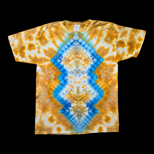 Front of a tie-dye tee with a vertical blue diamond spine pattern surrounded by golden amber bursts on white.