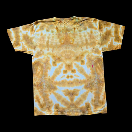 Back of the tee showing a mirrored golden amber and white ice-dye pattern without the blue diamond.