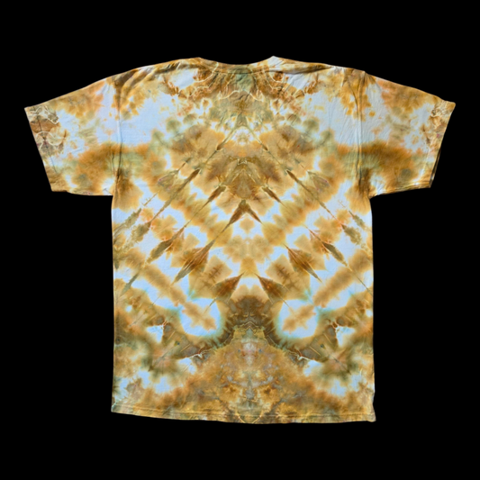 Back of the tie-dyed tee with a symmetrical golden ochre, brown, and pale blue ice-dye pattern on white.