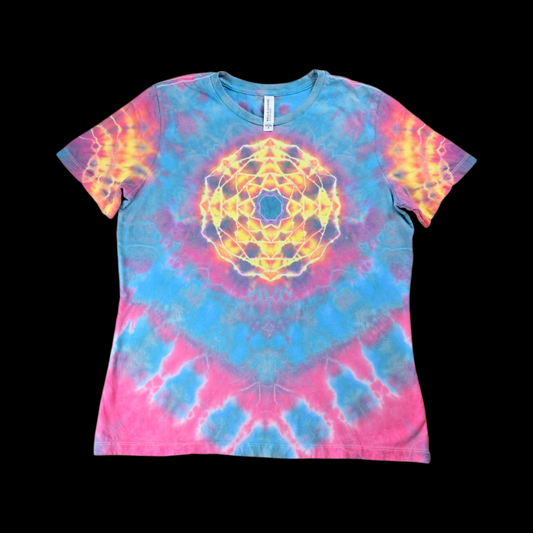 mandala Tie Dye T-Shirt — pink blue yellow orange — Women's Medium — Front — mandala