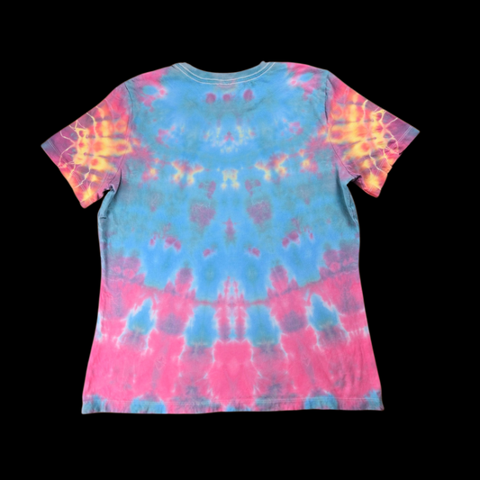 mandala Tie Dye T-Shirt — pink blue yellow orange — Women's Medium — Back — roll
