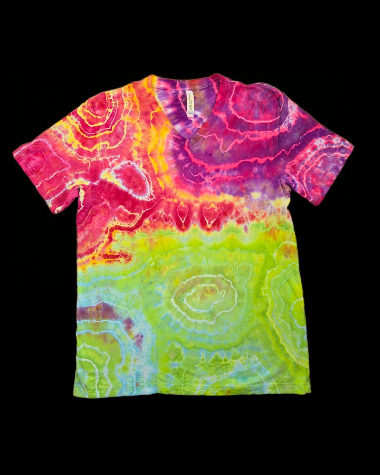 Large split color geode tie dye t-shirt, unisex L v-neck image 0