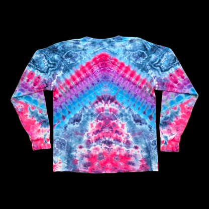 Back of a blue, pink and purple long-sleeve shirt with a pink chevron across the shoulders.