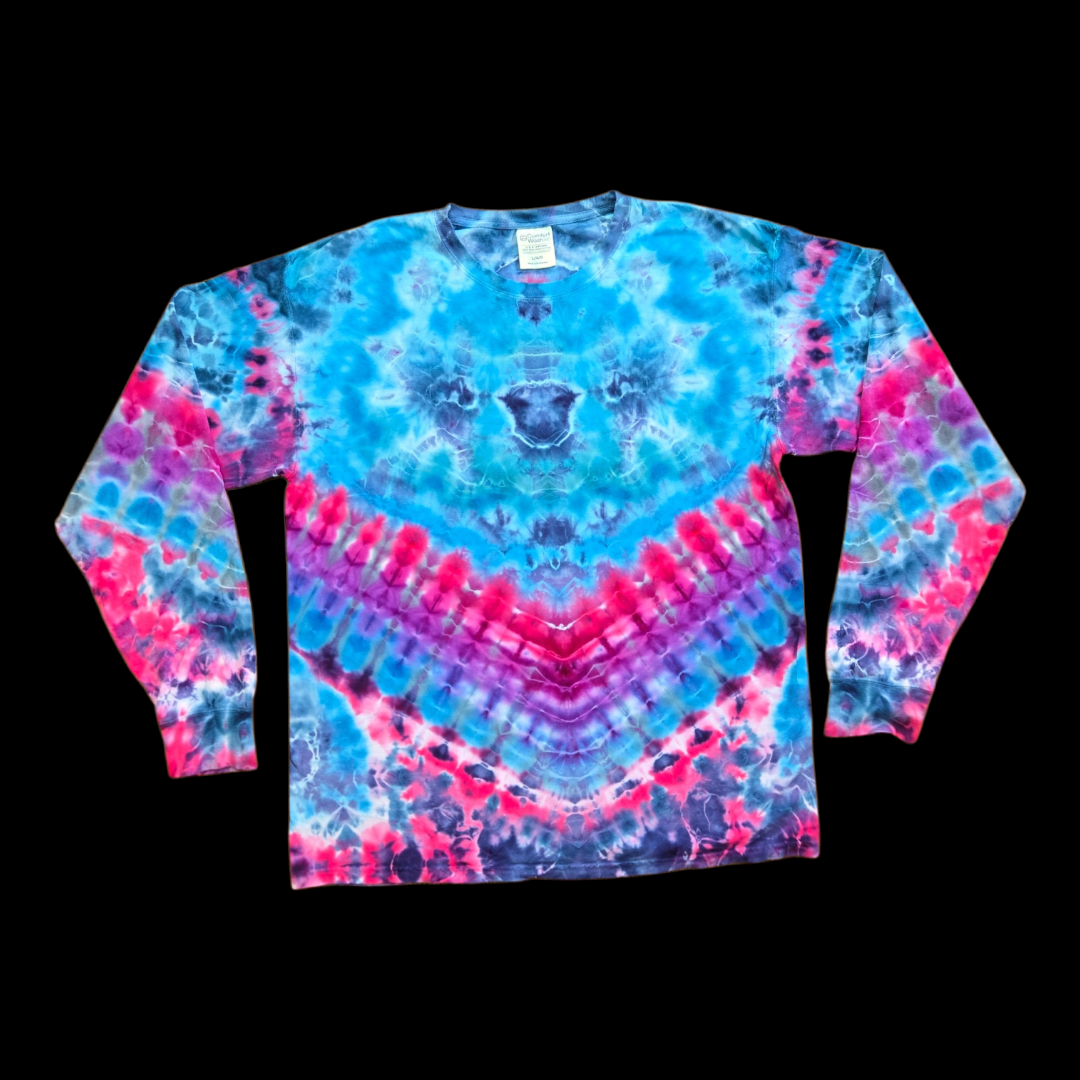 Front of a blue, pink and purple long-sleeve shirt with V-shaped bands.