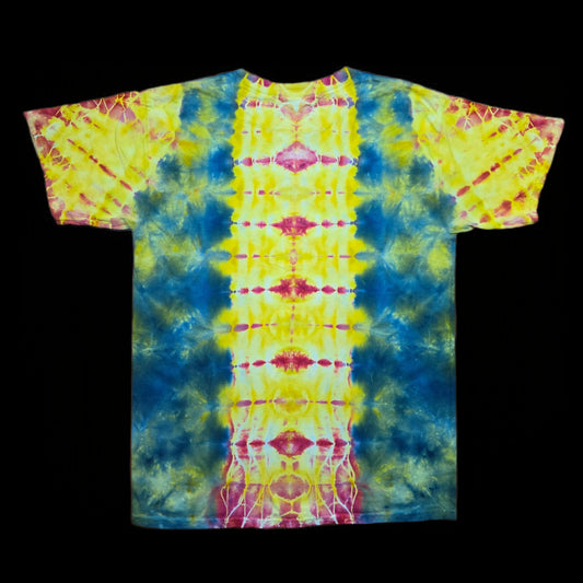 Back of a tie-dyed tee with a vertical yellow spine column of pink and red diamonds framed by blue and yellow sides.