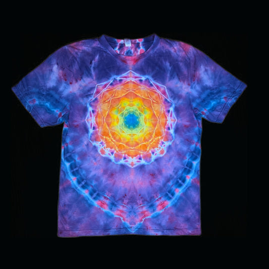 Front of a purple and blue tie-dye tee with a rainbow mandala centered on the chest.