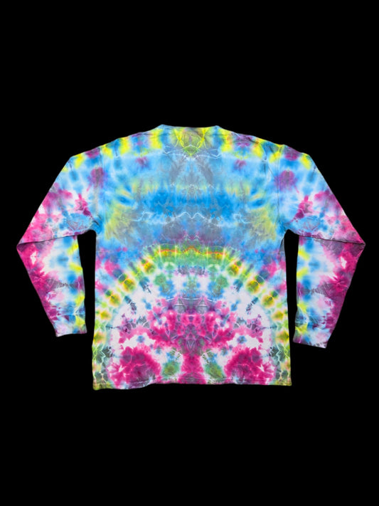 Back of the same long sleeve shirt showing mirrored horizontal bands and arcs of blue, yellow, green, pink, and white.