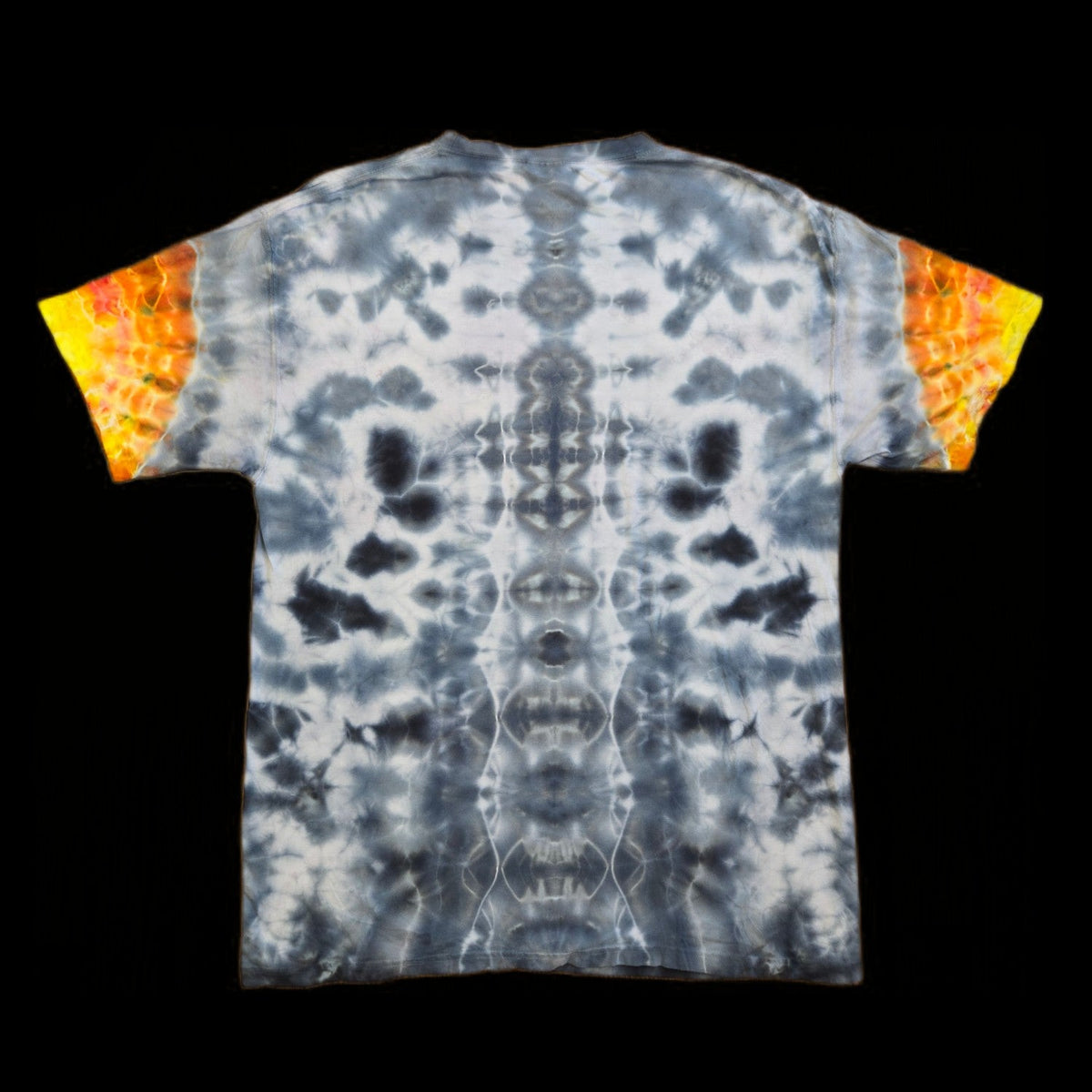 Back of shirt shows a vertical spine-like pattern in gray and white with symmetrical mirrored cloud formations on either side.