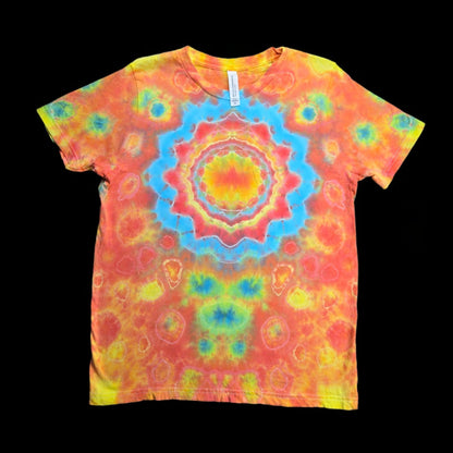 mandala Tie Dye T-Shirt — blue orange yellow red — Kids Youth XL — Front — mandala