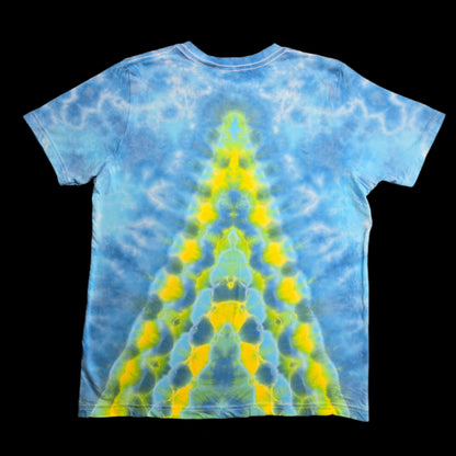 mandala Tie Dye T-Shirt — blue yellow turquoise white — Kids Youth XL — Back — honeycomb triangle
