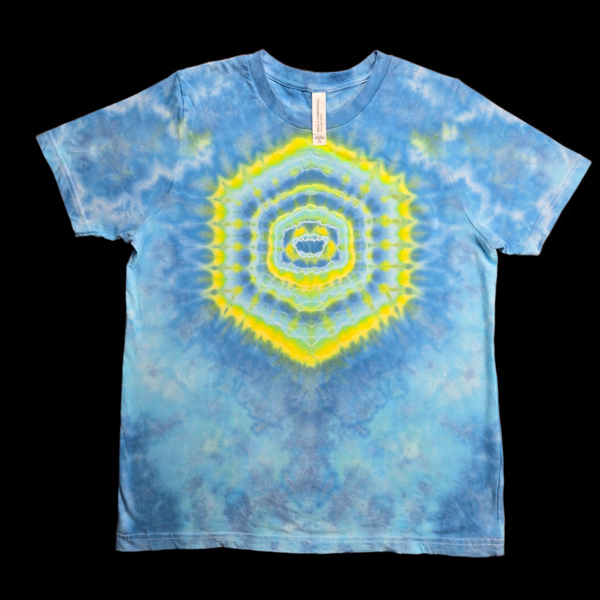 mandala Tie Dye T-Shirt — blue yellow turquoise white — Kids Youth XL — Front — mandala